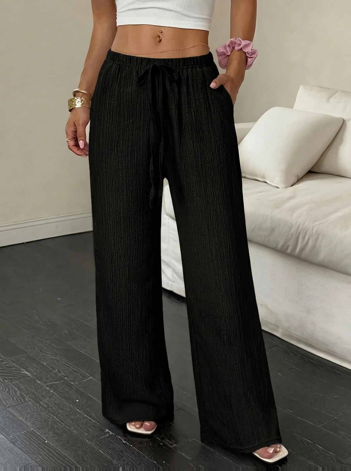 Pantalón de pierna ancha de cintura alta con cordón