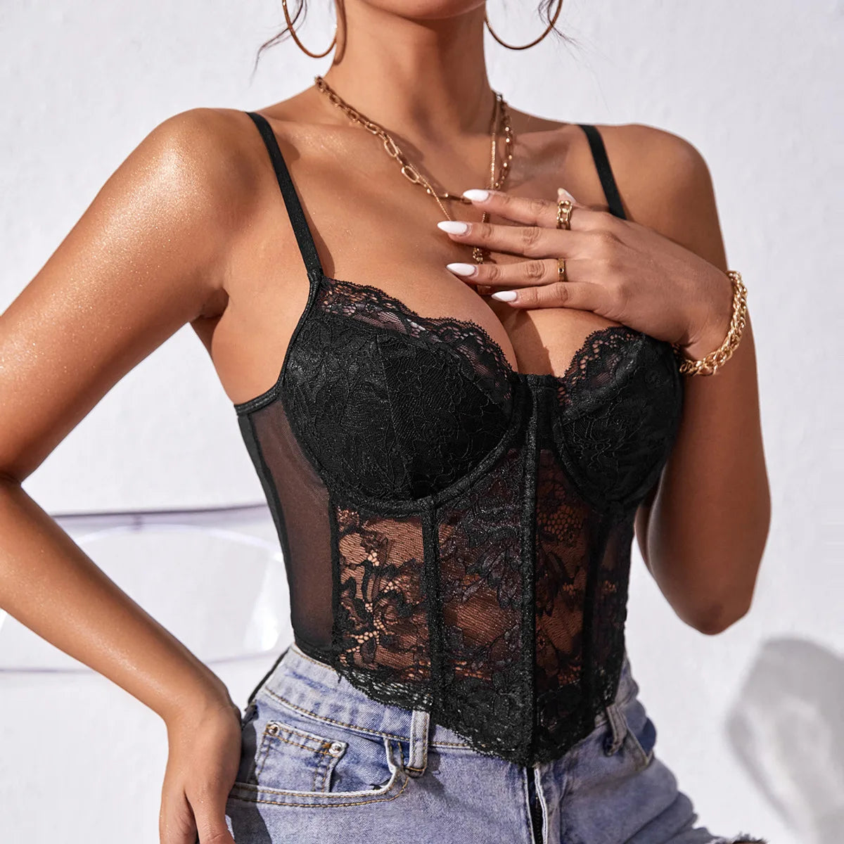 Top corset de encaje con escote en V y espalda descubierta